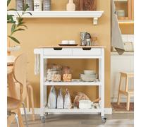 SoBuy FKW68-WN,Modern Design Kitchen Storage Trolley Serving Trolley on Wheels Kitchen Shelf with Rubber Wood Top 2 Drawers 2 Shelves White 85x39x90cm