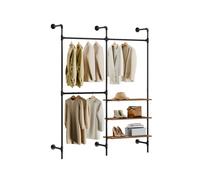 SoBuy KLS18-SCH, Wall-Mounted Clothes Rail, Fixed Pipe Garment Rack with 3 Hanging Rails & 3 MDF Shelves, Heavy-Duty Space-Saving Open Wardrobe Closet