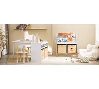 Children Table and 2 Chairs Children Kids Desk Table Chair Set,Study Table with 2 Fabric Storage Boxes,SoBuy KMB113-W White 60x53x95cm
