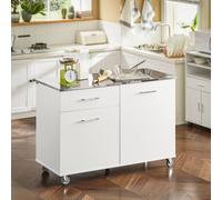 SoBuy FKW117-W,Kitchen Island on Wheels Rolling Kitchen Storage Trolley with Stainless Steel Worktop for Dining Room, Breakfast Bar, and Kitchen Wh...