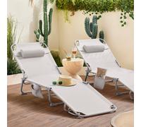 Sobuy Ogs35-Mix2, Set Of 2 Textilene Reclining Folding Chair, Adjustable Back Camping Chair, Beige,w193Xd56Xh81