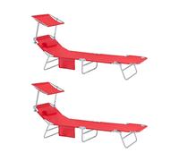 SoBuy OGS48-Rx2, Set of 2 Outdoor Garden Beach Folding Chair Sun Lounger with Adjustable Sun Shade and Backrest, Red, Red