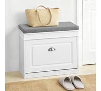SoBuy Shoe Storage Bench with Seat Cushion - Narrow Shoe Cabinet with Flip Drawer, 2-Tier Rack, 150kg Load - Compact Hallway Storage Unit for Small Spaces White FSR82-K-W