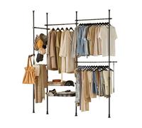 SoBuy Telescopic Clothes Rail, Heavy Duty Clothes Rack, Adjustable Open Wardrobe with Hanging Rails & Shelves for Bedroom, Walk-in Closet Black KLS04-SCH
