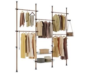 SoBuy Telescopic Clothes Rail, Heavy Duty Clothes Rack, Adjustable Open Wardrobe with Hanging Rails & Shelves for Bedroom, Walk-in Closet Brown KLS04-II-BR