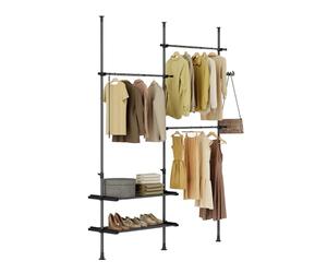 SoBuy Telescopic Clothes Rail, Heavy Duty Clothes Rack, Adjustable Open Wardrobe with Hanging Rails & Shelves for Bedroom, Walk-in Closet Black FRG34-II-SCH