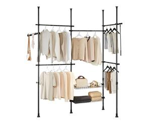SoBuy Telescopic Clothes Rail, Heavy Duty Clothes Rack, Adjustable Open Wardrobe with Hanging Rails & Shelves for Bedroom, Walk-in Closet Black KLS04-II-SCH
