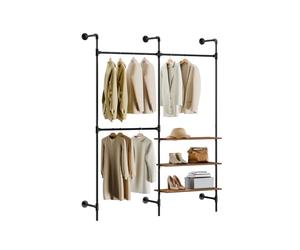 SoBuy Telescopic Clothes Rail, Wall-Mounted Clothes Rack with 3 Hanging Rails & 3 Shelves, Heavy Duty Space-Saving Open Wardrobe Closet Organiser, Industrial Black KLS18-SCH