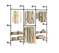SoBuy Telescopic Clothes Rail with 4 Hanging Rails & Shelves for Bedroom | Wall-Mounted Clothes Rack with Open Wardrobe, Heavy Duty Organiser with Space-Saving Storage, Black, 265x48x220cm, KLS19-SCH
