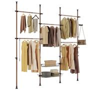 SoBuy Telescopic Clothes Rail with Adjustable L-Shaped or One-Line Shape | Heavy Duty Clothes Rack with Hanging Rails & Storage Shelves, Flexible Open Wardrobe for Walk-in Closet, Brown, KLS04-II-BR