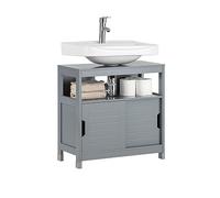 SoBuy Under Sink Bathroom Cabinet 60cm with Sliding Doors & Open Shelf | Slim Bathroom Storage Unit with Siphon Cut-Out, Floor Cabinet for Small Spaces, Grey, 60x30x61cm, FRG128-SG