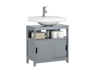 SoBuy Under Sink Bathroom Cabinet 60cm with Sliding Doors & Open Shelf | Slim Bathroom Storage Unit with Siphon Cut-Out, Floor Cabinet for Small Spaces, Grey, 60x30x61cm, FRG128-SG