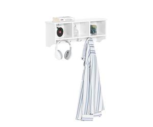 SoBuy Wall Coat Rack with 3 Cubby Shelves and 4 Hooks, Wooden Wall Mounted Hallway Storage Organiser Unit, Floating Display Shelf for Hallway, Entryway,Bedroom, White, W60 x D15 x H23cm, FRG48-W