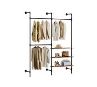 SoBuy Wall-Mounted Clothes Rail, Fixed Pipe Garment Rack with 3 Hanging Rails & 3 MDF Shelves, Heavy-Duty Space-Saving Open Wardrobe Closet Organiser, Industrial Black KLS18-SCH