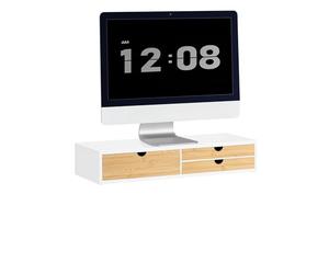 SoBuy Wooden Monitor Stand Riser with 3 Drawers for Home Office | Desk Storage Organiser Unit for Computer & Laptop, Desktop Accessories, White & Natural, W60 x D22 x H11cm, BBF11-WN