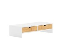SoBuy Wooden Monitor Stand Riser with Drawers for Home Office | Desk Storage Organiser Unit for Computer & Laptop, Desktop Accessories, White & Natural, W47 x D18 x H11 cm, BBF02-WN