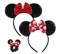 socathey 2PCS Mouse Ears Headband with a Scrunchie for Women, Sequin Bow Headbands for Birthday & Theme Paradise (Red)