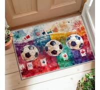 Soccer Ball Area Rug, Festive Sporty Flags Fireworks Celebration Red Low Pile Edge Binding Doormat Throw Rug Rectangle Bathroom Entryway Bedside Doorway Decor 2' X 3'
