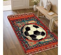 Soccer Ball Area Rug, Sporty Contemporary Geometric Patterns Buildings None Red Non-Slip Aesthetic Doormat Rectangle Accents Rug Laundry Room Bathroom Doorway Entryway Decor 3' X 5'