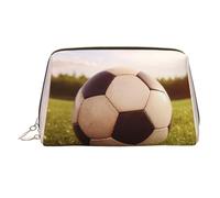 Soccer Ball on A Field Makeup Bag for Women Cosmetic Bags Leather Travel Makeup Case Organizer Waterproof Make up Pouch Open Flat Toiletry Bag Portable Storage Pouch for Travelling, Gold, One Size