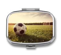 Soccer Ball on A Field Pill Box 2 Compartments Portable Travel Pill Case Mini Medicine Organizer for Pocket Purse Metal Waterproof Medicine Container Holder Vitamin Fish Oil