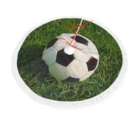 Soccer Ball On Grassy Print Christmas Tree Skirt 48 inch, Xmas Tree Skirts Mat with Fringe Border for Christmas Holiday Party Decorations