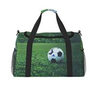 Soccer Ball On Grassy Travel Tote Bag – Large Reusable Shopping Bag, Vacation Tote, Sports Duffel Bag with Adjustable Crossbody Strap, Black, One Size