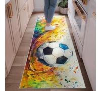 Soccer Ball Runner Rug, Sport Dynamic Splash Lines Summer Yellow Low Pile Rectangle Floor Carpets Edge Binding for Kitchen Bedside Entryway Hallway Decor 2x6 Ft