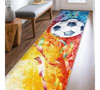 Soccer Ball Runner Rug, Sporty Modern Colorful Ribbons Splash Patterns Summer Yellow Low Pile Rectangle Floor Carpets Edge Binding for Kitchen Entryway Bathroom Doorway Decor 2x8 Ft