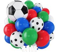 Soccer Balloons, 12 Inch Red Green and Blue White Soccer Ball Balloons with 22 Inch Soccer Foil Print Balloon for Boys Men Sports Theme Baby Shower 1st Birthday Football Game Day Party Decororations