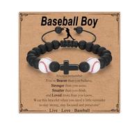 Soccer Baseball Bracelet Gifts for Boys, Black Natural Stone Ball Cross Beaded Bracelet, Birthday Graduation Christmas Gifts Ideas for Soccer Baseball Players Team Lovers Son Grandson Brother Friend