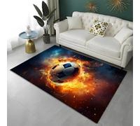 Soccer Flame 3D Sports Gaming Rug for Boy Teen Room, Green Football Field Area Rug for Kids Room, Large Carpet for Living Room, Non-slip for Playroom Decoration Runner Floor Mat, 100x200 cm, Color 1