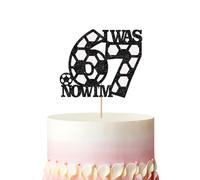 Soccer I Was 6 Now I'm 7 Cake Topper, Funny Six Seven Birthday Cake Decor, Black Glitter Gen Alpha Slang Cake Topper for 7th Birthday, Sport Themed 7th Anniversary Party Decoration