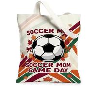 Soccer Mom Game Day Autumn Theme Ball Canvas Tote Bag 13x15 Inch | Maple Leaf Accents, Maroon And Orange Stripes, Sports Team Pride, Casual Carryall, Seasonal Athletic Theme