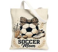 Soccer Mom Sporty Quote Ball Fanciful Canvas Tote Bag 13x15 Inch | Leopard Print Bow, Iced Coffee Cup Illustration, Aviator Sunglasses, Athletic Sneakers, Classic Serif Typography