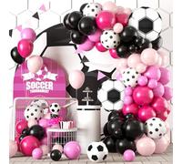 Soccer Party Garland Arch Kit, Black Hot Pink Decorations With Foil Balloon for Women Girls Kids Birthday Sports, Football Theme Party Decor Supplies