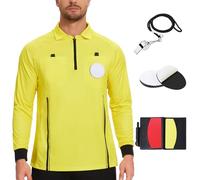 Soccer Referee Shirt Jersey kit Long Sleeve Pro Ref Costume Umpire Uniform with 3 Pcs Replace 3" Round Adhesive Hook & Loop Badge Holder, Referee Wallet with Red Card and Yellow Card Yellow M