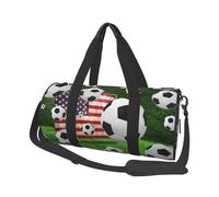 Soccer USA American Flag Large Round Travel Duffle Bag, Full-Print Canvas Weekender with Padded Lining, Multiple Pockets,Detachable Shoulder Strap and Soft Leather Handles