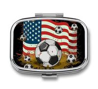 Soccer USA Flag Pill Box 2 Compartment - Small Metal Medicine Organizer Portable Pill Case for Purse Pocket Travel Vitamin Organizer for Men Women, BPA-Free
