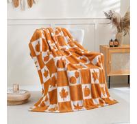 SOCHOW Fall Decor Jacquard Throw Blanket, Fuzzy Soft Warm Pumpkin Maple Leaves Plaid Autumn Checkered Blanket for Couch, Sofa and Bed, 127cm x 150cm, Orange/White