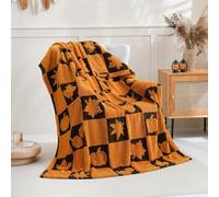 SOCHOW Fall Decor Jacquard Throw Blanket, Fuzzy Soft Warm Pumpkin Maple Leaves Plaid Autumn Checkered Blanket for Couch, Sofa and Bed, 127cm x 150cm, Orange/Black