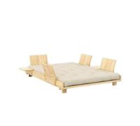 Social Sofa Bed With 4 Backrests, Side Tables & Mattress 140x200 Clear Lacquered Pine/747 Beige