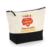 Social Worker Accessory Bag - I Am a Social Worker What’s Your Superpower? - Makeup Bag, Canvas Accessory Bag. (Natural Black, L)