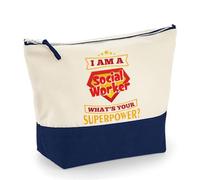 Social Worker Accessory Bag - I Am a Social Worker What’s Your Superpower? - Makeup Bag, Canvas Accessory Bag. (Natural Navy, L)