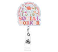 Social Worker Badge Reel, Cute Floral ID Badge Holder SW Work Appreciation Gift, Retractable Acrylic Badge with Alligator Clip Gift for Work Retirement Graduation