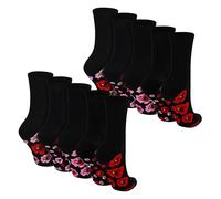 Sock Snob - 10 Pairs Ladies Red Poppy Flower Socks UK 4-8 | Cotton Rich Soft Breathable Everyday Socks | Cute Floral Design
