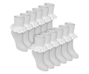 Sock Snob 12 Pair Multipack White Frilly Lace Socks | 7 Sizes Girls Cute Cotton Rich School Socks (11-14 Years, White)