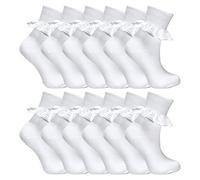 Sock Snob 12 Pair Multipack White Frilly Lace Socks | 7 Sizes Girls Cute Cotton Rich School Socks (4-6 Years, White)