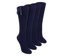 Sock Snob Girls 4 Pack Knee High School Socks with Ribbon Bow Kids Plain Long Socks (11-14 Years, Navy)