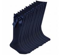 Sock Stack 6 Pairs Girls Knee High School Socks with Fluffy Ribbons Bow Cotton Sock Long Uniform Back to School Party Wear, Navy, 12-3 (EU 31-36)